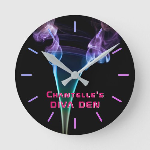 NEON DIVA DEN _ Smokey Lights Girls Personalized Round Clock