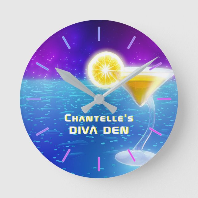 NEON DIVA DEN - Tropical Cocktails Personalized Round Clock (Front)