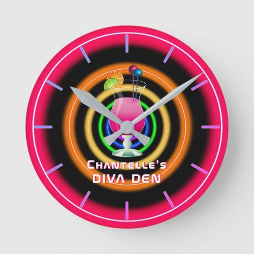 NEON DIVA DEN _ Tropical Cocktails Personalized Round Clock