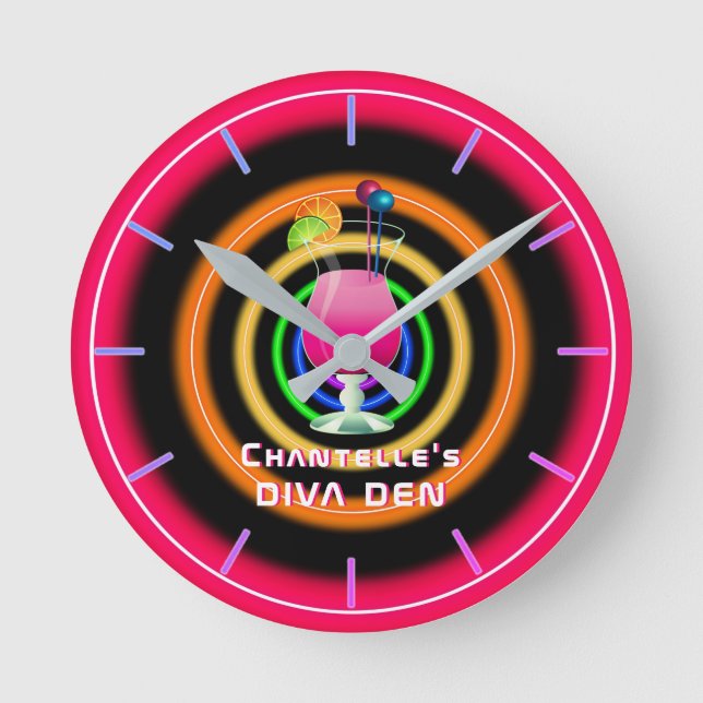 NEON DIVA DEN - Tropical Cocktails Personalized Round Clock (Front)