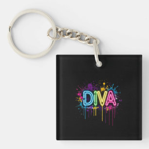 Neon Diva Graffiti Collage with Dripping Paint on Keychain