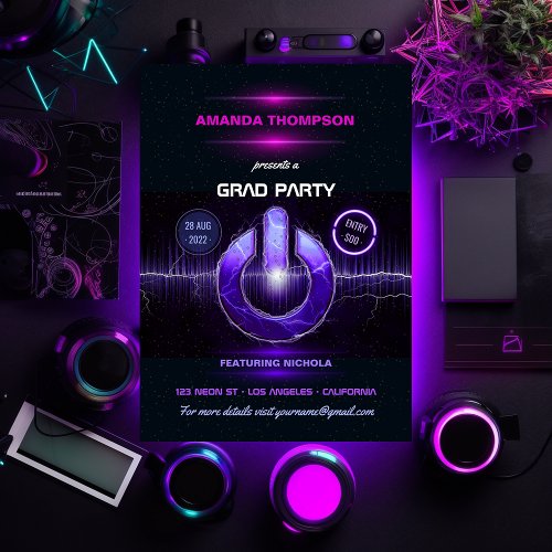 Neon DJ Music Graduation Party Invitation