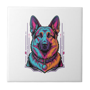 Neon Dog Portrait Vintage Engraving Graphic_1 Ceramic Tile