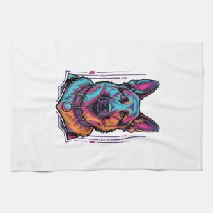 Neon Dog Portrait Vintage Engraving Graphic_1 Kitchen Towel