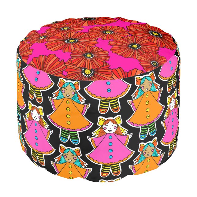 Neon dollies poppy print boho pouf (Angled Front)