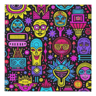 Neon Doodle Faces – Vibrant Street Art Pattern Faux Canvas Print
