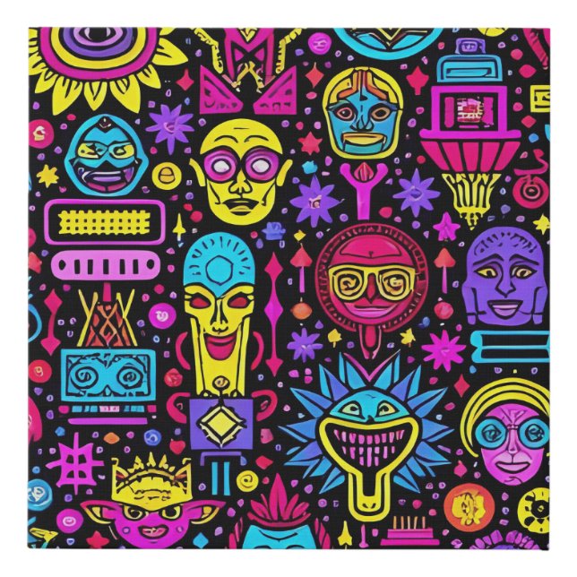 Neon Doodle Faces – Vibrant Street Art Pattern Faux Canvas Print (Front)