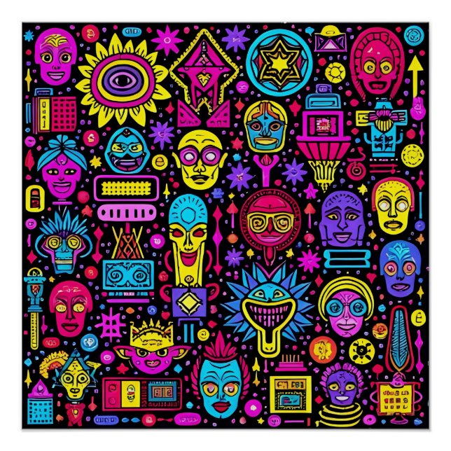 Neon Doodle Faces – Vibrant Street Art Pattern Poster (Front)