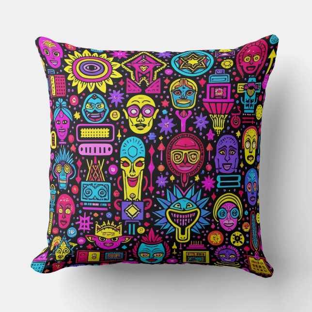 Neon Doodle Faces – Vibrant Street Art Pattern Throw Pillow (Front)