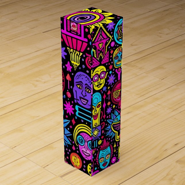 Neon Doodle Faces – Vibrant Street Art Pattern Wine Box (Back)