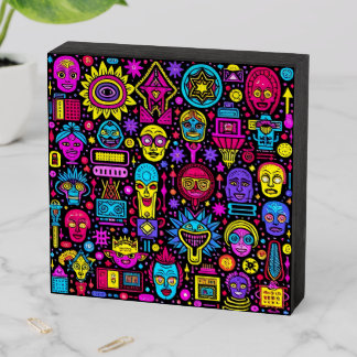 Neon Doodle Faces – Vibrant Street Art Pattern Wooden Box Sign