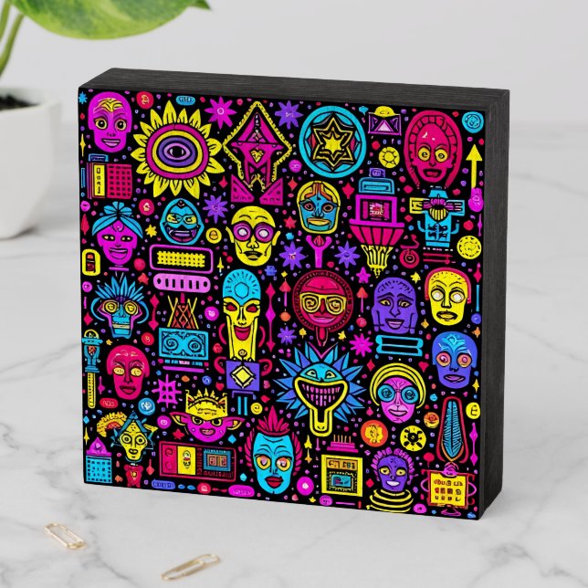 Neon Doodle Faces – Vibrant Street Art Pattern Wooden Box Sign (In Situ Horizontal)