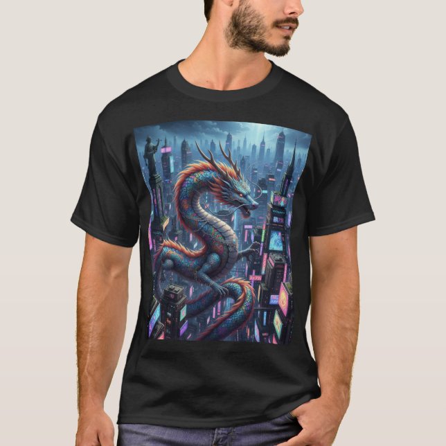 Neon Dragon City – Futuristic Skyline with Mythica T-Shirt (Front)