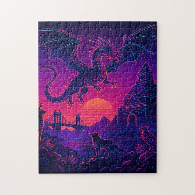 Neon Dragon Realm – Synthwave Fantasy Landscape Jigsaw Puzzle (Vertical)