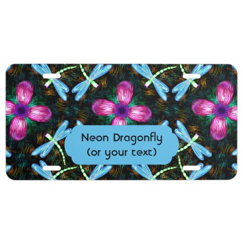 Neon Dragonflies Pink Flower Black Shimmer Pattern License Plate