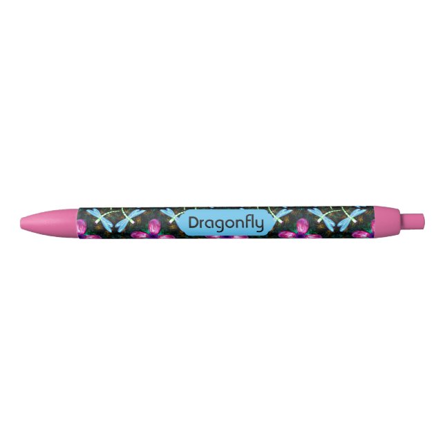 Neon Dragonflies Pink Flower Black Shimmer Pattern Pen (Front)
