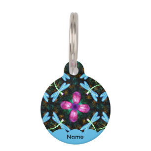 Neon Dragonflies Pink Flower Black Shimmer Pattern Pet ID Tag