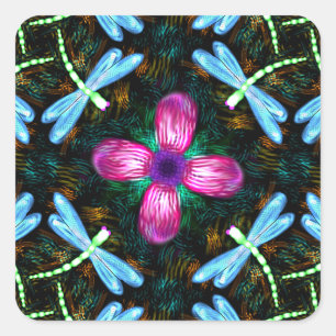 Neon Dragonflies Pink Flower Black Shimmer Pattern Square Sticker