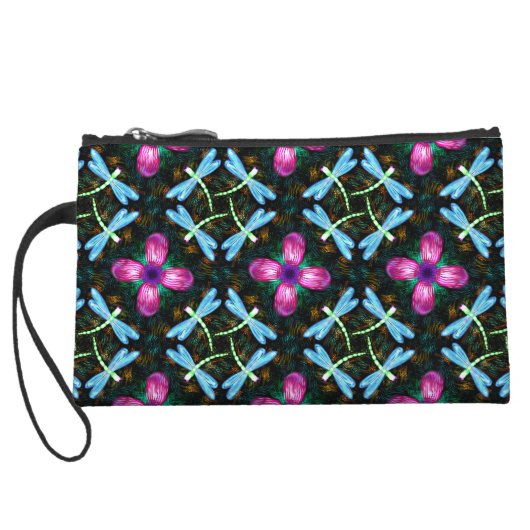 Neon Dragonflies Pink Flower Black Shimmer Pattern Wristlet (Back)