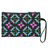 Neon Dragonflies Pink Flower Black Shimmer Pattern Wristlet (Front)