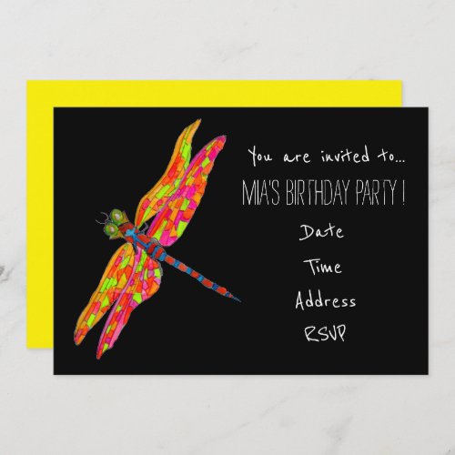 Neon dragonfly young girl birthday party invitation