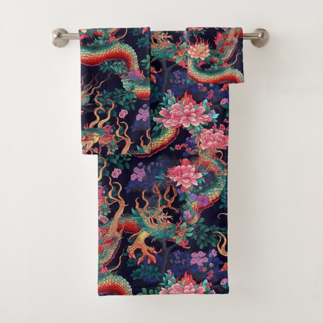 Neon Dragons and Flowers Bath Towel Set (Insitu)