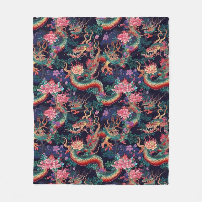 Neon Dragons and Flowers Fleece Blanket (Front)