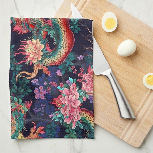 Neon Dragons and Flowers Kitchen Towel (Quarter Fold)