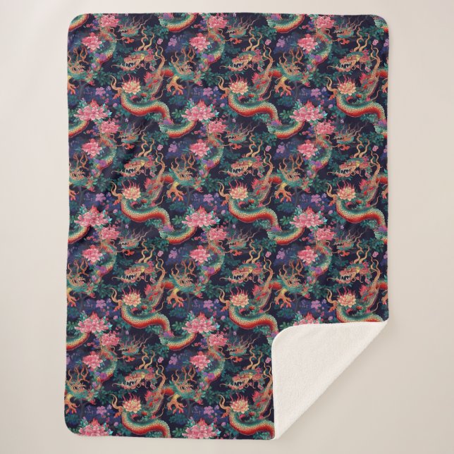 Neon Dragons and Flowers Sherpa Blanket (Front)