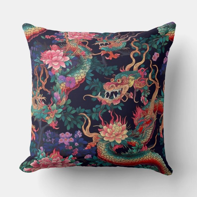 Neon Dragons and Flowers Throw Pillow (Front)