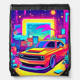 Neon Dream Car Escape Drawstring Bag