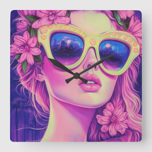 Neon Dream Girl with Floral Sunglasses Square Wall Clock (Front)
