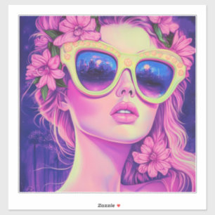 Neon Dream Girl with Floral Sunglasses Sticker