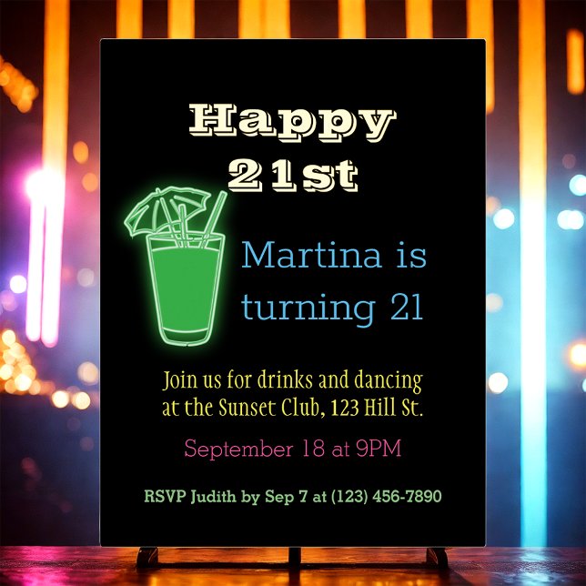Neon Drinks and Dancing 21st Birthday Party Foil Invitation Postcard (Creator Uploaded)