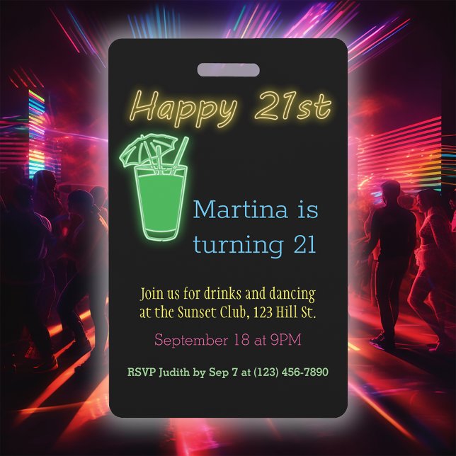 Neon Drinks And Dancing 21st Birthday Party Invita Badge (Creator Uploaded)