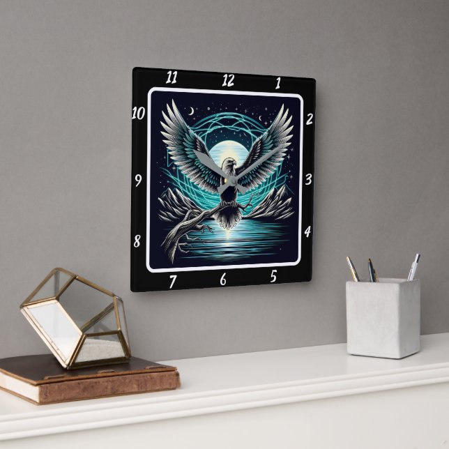 Neon Eagle Horizon Timekeeper Square Wall Clock (Office)