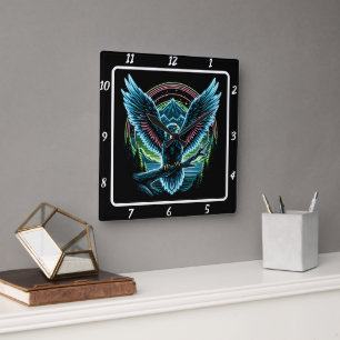 Neon Eagle Skyline Square Wall Clock
