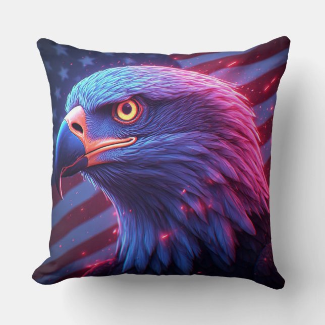 Neon Eagle with American Flag – Futuristic Patriot Throw Pillow (Front)