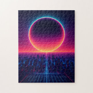 Neon Eclipse Over the Cyber City Jigsaw Puzzle