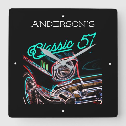 Neon Effect Chevy Classic 1957 Car Custom Name  Square Wall Clock