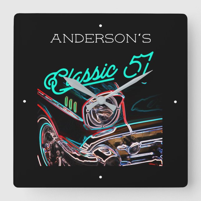 Neon Effect Chevy Classic 1957 Car Custom Name  Square Wall Clock (Front)