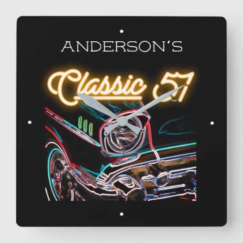 Neon Effect Chevy Classic 1957 Car Name Gold  Square Wall Clock