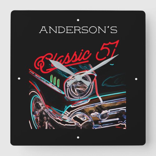 Neon Effect Chevy Classic 1957 Car Name Red Script Square Wall Clock