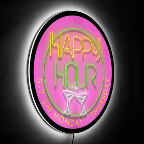 Neon Effect Happy Hour Yellow Green White Pink LED Sign