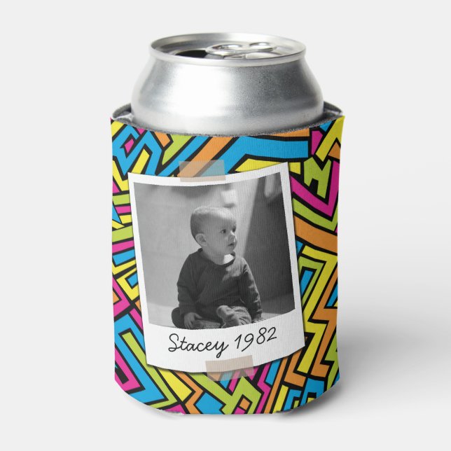 Neon Eighties 80's Retro 40th Birthday Photo Can Cooler (Can Front)