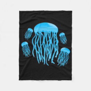 Neon Electric Blue Glowing Jellyfish Family Fleece Blanket