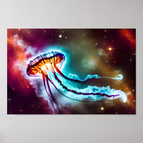 Neon Electric Cosmic Jellyfish Orbiting Stars Poster