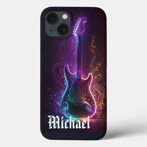 Neon Electric Guitar Music Personalized Name iPhone 13 Case