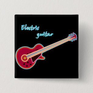 Neon Electric Guitar Retro 80s Rock Music Button