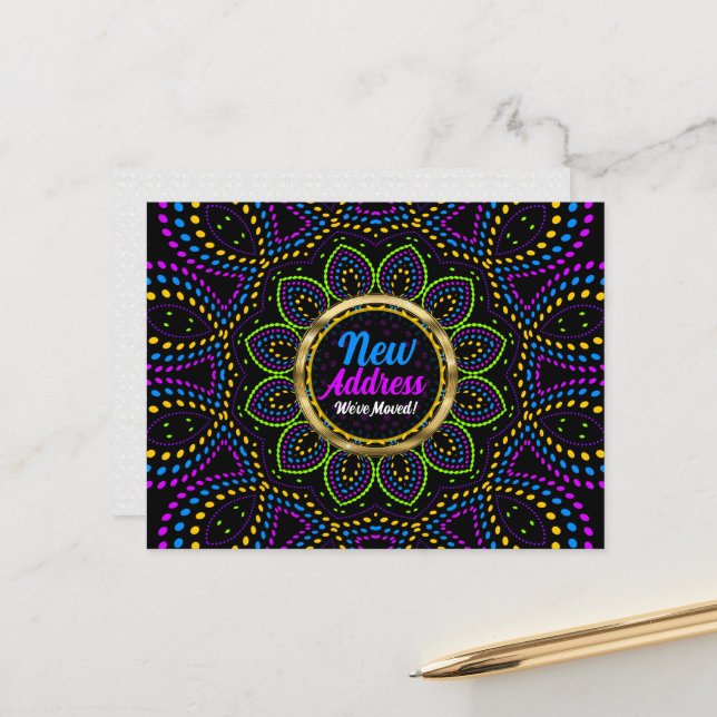 Neon Energy Mandala We've Moved New Address Announcement Postcard (Front/Back In Situ)